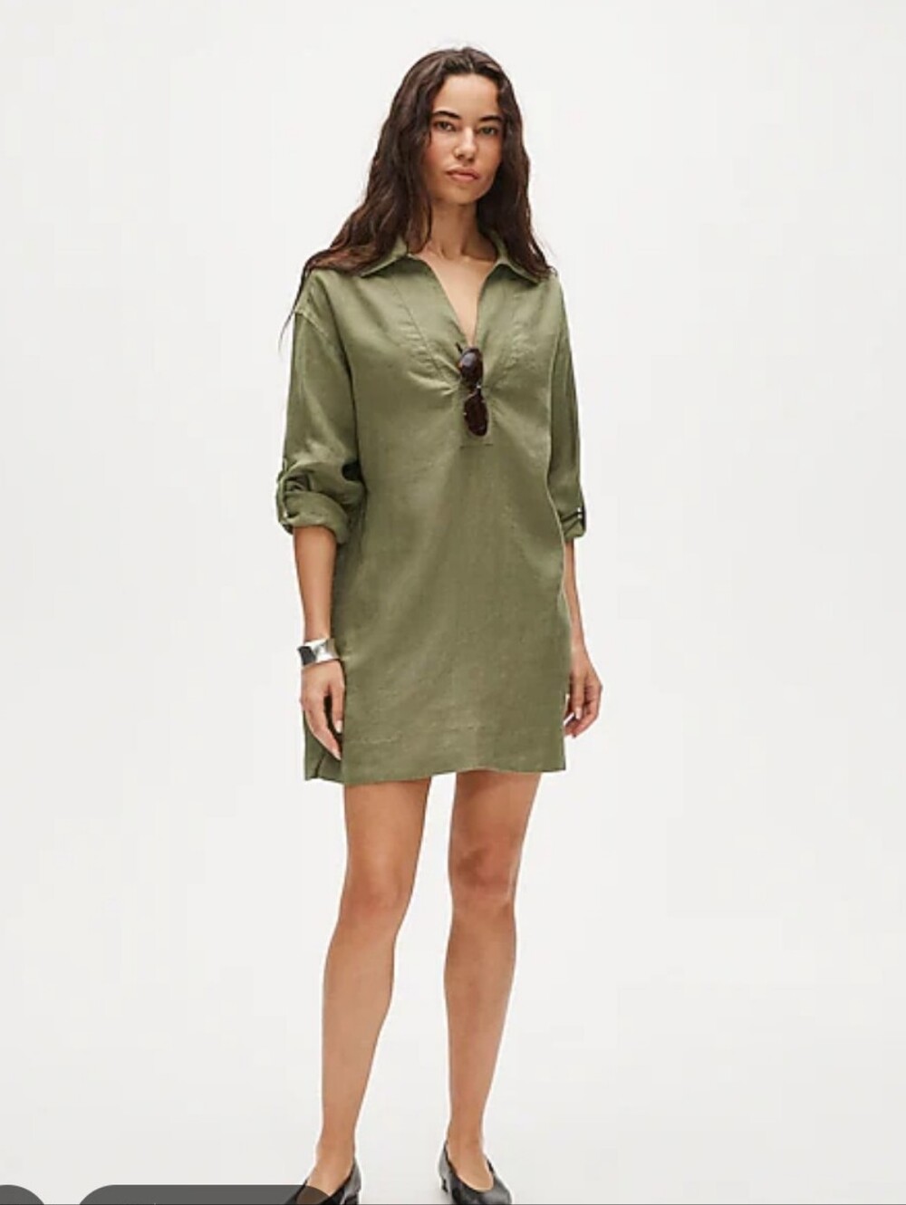 J Crew Tall V-neck popover dress in linen CT669 Size Small Tall Olive Green